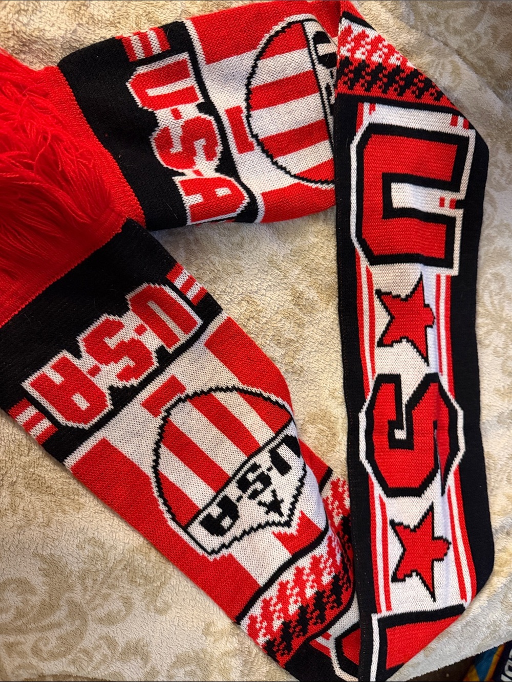 USA Soccer Fan Scarf - Red Black White Stars Knit Patriotic United States Scarf